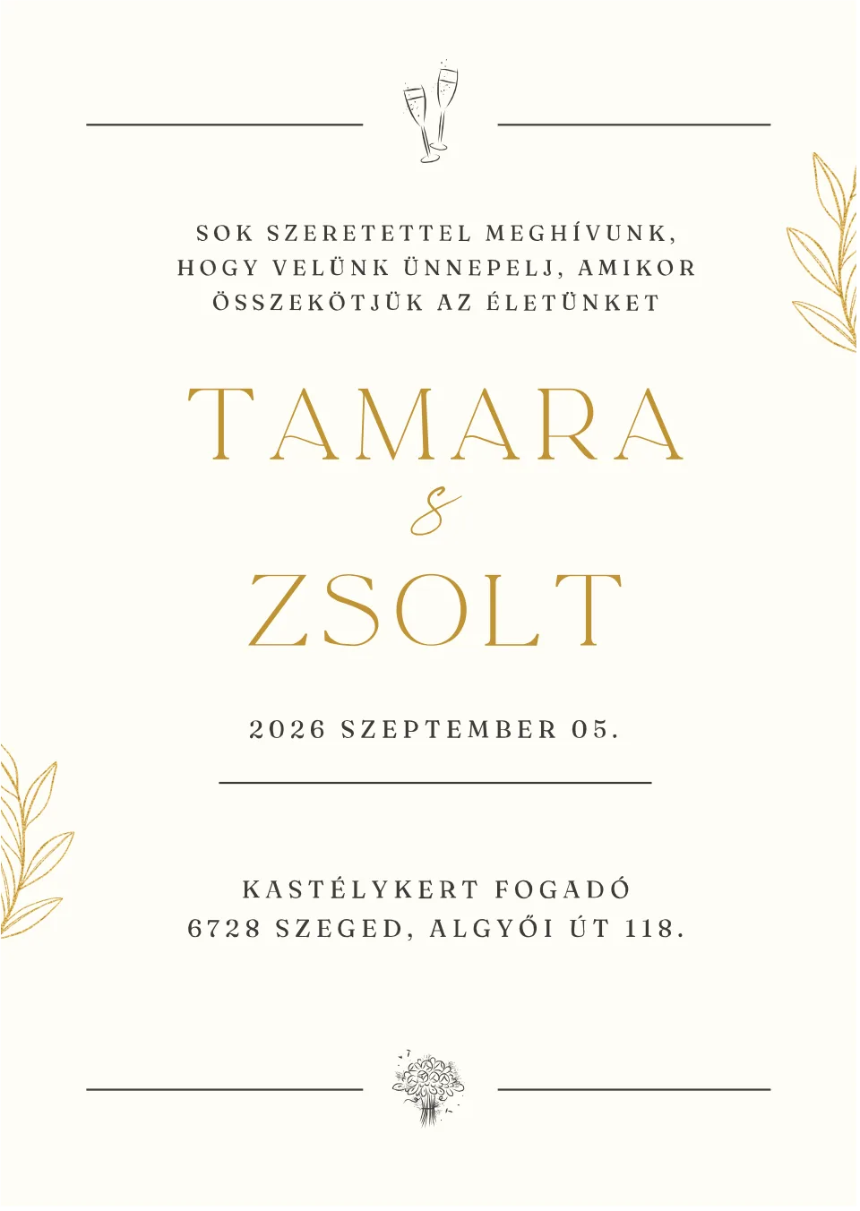 Tami & Zsolti esküvői meghívójának nyomtatott előlapja.
